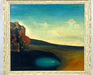 Lot 154 CHESLEY BONESTELL Surrealist Landscape Painting. Hypnotic blue sky and pool of water. Oil on canvas 