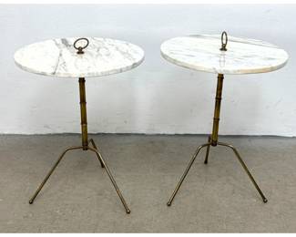 Lot 303 Pr Mid Century Modern Italian Marble Drink Tables. Round White Marble Tops with Ring Details. Brass