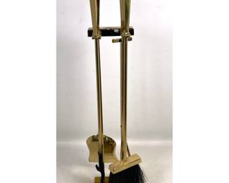 Lot 614 5pc Polished Brass Modernist Fireplace Tool Set with Tiered Stand
