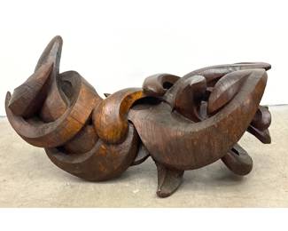 Lot 15 Large scale abstract hand carved wood sculpture. Interlocking organic curvilinear forms. Dark brown 