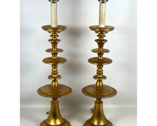 Lot 264 Pair of Gilt Wood Altar Style Buffet Table Lamps with Tiered Silhouette