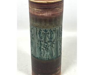 Lot 53 Mid Century Modern Ceramic Cylinder Vase with Brutalist Relief Frieze and Multi Tonal Glaze. Unmarke