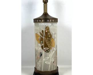 Lot 419 Mid Century Modern Frosted Glass Table Lamp with Enameled Butterfly and Botanical Motif