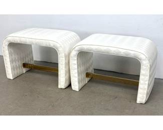 Lot 504 Pr Waterfall Vanity Benches. Harlequin Patterned Off White Damask with Brass Toned Stretcher Bars