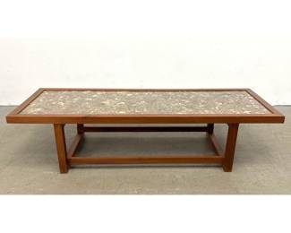Lot 2 MidCentury Modern Custom Crafted Coffee Table with Inset Fossilized Stone Top and Hardwood Sled Bas