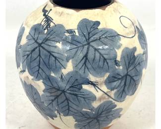 Lot 43 Kato Yoshiharu Globular ceramic vase with hand painted blue grape leaf decoration and crackle glaze.