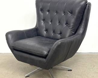 Lot 270 Mid Century Modern Swivel Armchair in Charcoal Gray Distressed Faux Leather with Button Tufted Backr