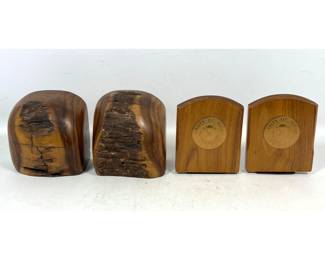Lot 36 2 sets Artisan Exotic Wood Bookends from Hawaii, Signed, and University of Michigan Brass Medallion 