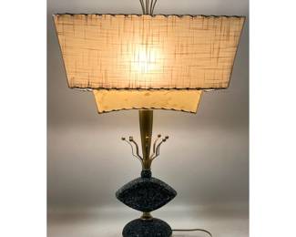 Lot 216 MidCentury Modern Atomic 2 Tier Fiberglass Shade Table Lamp with Spatter Painted Ceramic Base and S