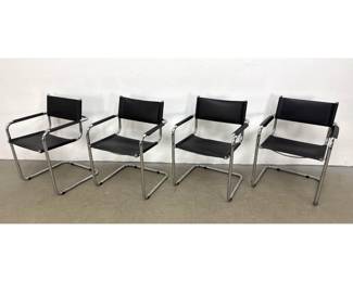 Lot 443 Set of 4 Bauhaus Modernist Cantilever Armchairs in Chromed Steel and Black Leather. A Marcell Breuer