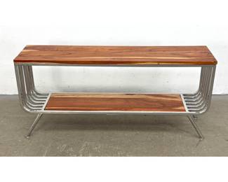 Lot 579 xxx Contemporary 2 Tier Hall Bench with Polished Chrome Frame and Variegated Acacia Wood Shelves