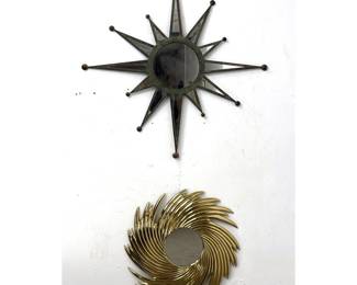Lot 642 Two Modernist Wall Mirrors. MultiPoint Patinated Metal Star and a Gilt Brass Swirled Hurricane Sun