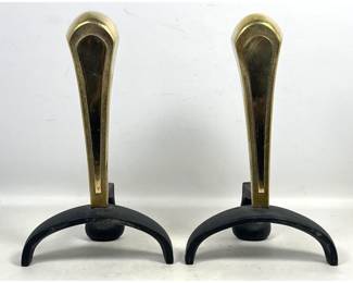 Lot 114 Pair of Mid Century Modern Cast Iron and Polished Brass Andirons with Tapered Pedestals
