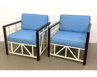Lot 392 Pair of Modernist Architectural Painted Iron and Wood Armchairs with Lattice Work Frames