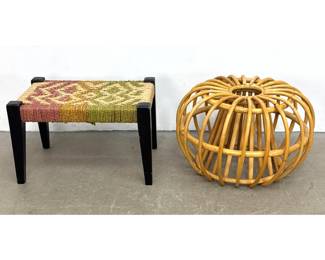 Lot 420 2pc MidCentury Modern style lot including a tricolor woven jute footstool and a rattan globe ottoma