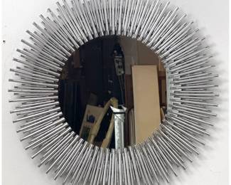 Lot 454 Large Brutalist Style Silvered Metal Sunburst Wall Mirror with Radiating Split Tension Pins. Contemp