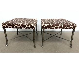 Lot 109 Pair of Square Faux Bamboo Metal Ottomans with Giraffe Print Upholstery and X Form Stretchers