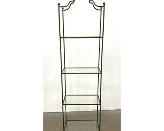 Lot 560 Olive green metal 4 tier etagere with Moorish arched crest and textured glass shelves