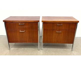 Lot 342 Pair Mid Century Modern Walnut and Chrome Side Table Nightstands with Unique Polished Chrome Frames