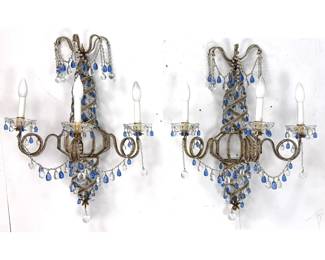 Lot 624 French Beaded Crystal Wall Sconces. Clear and Blue. Swirl design.