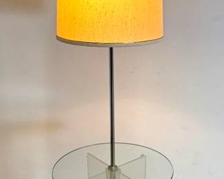 Lot 566 Mid Century Modern Chrome and Lucite Floor Lamp with Integrated Glass Table and Elongated Drum Shade