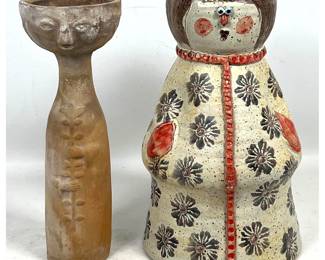 Lot 61 2pc lot of MidCentury Ceramic Figural Vessels. One Glazed Ceramic Woman Vase Marked Italy and One T