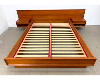 Lot 229 Danish Modern Teak Platform Bed with Floating Integrated Nightstands. Marked Made in Denmark.