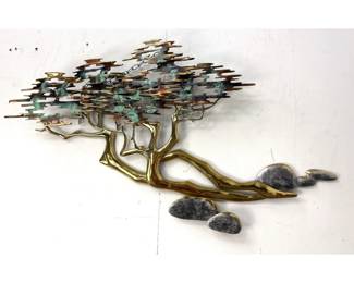 Lot 497 Bijan Mid Century Modern Brutalist Brass Bonsai Tree Wall Sculpture with Verdigris Patina.
