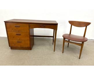 Lot 304 Lane MidCentury Modern Walnut Single Pedestal Desk and Coordinating Side Chair With Faux WoodGrain