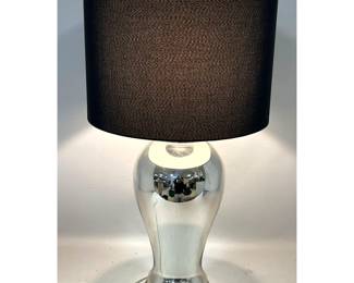 Lot 332 Glass. Modern Silvered Mercury Glass Urn Form Table Lamp with Brushed Nickel Base and Black Drum Sha