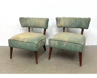 Lot 423 Pr Kroehler MidCentury Modern Green Textured Woven Armless Slipper Lounge Chairs with Tapered Wood 