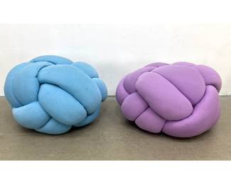 Lot 422 Pr Large Sculptural Knot Ball Floor Cushions Stools. Light Blue and Lavender Purple Jersey Knit. Not