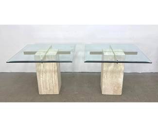 Lot 130 Pair of Artedi Postmodern Travertine Side Tables with Beveled Glass Tops