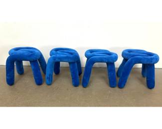Lot 491 Set 4 Electric Blue Velvet Tubular Stools. Lot 1. Interlocking Knot Design. Contemporary. 