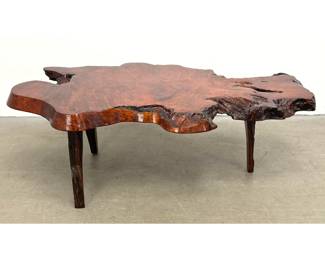 Lot 313 Mid Century Modern Live Edge Redwood Burl Coffee Table with Three Legs. Good Freeform Table. 