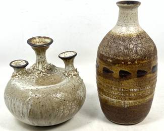 Lot 50 2pc lot of studio pottery including triple spouted stoneware vessel and tall sgraffito bottle vase s