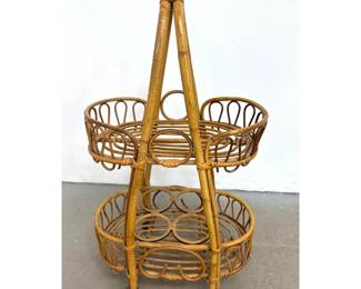 Lot 564 Vintage Modern Rattan and Bamboo 2 Tier Rolling Bar Cart. Serving Cart has Integrated Bottle Holders