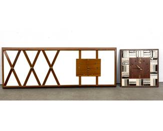 Lot 559 2pc MidCentury Modern Wall Clocks, Horizontal Trellis Panel Clock and Square Ceramic Tile Clock