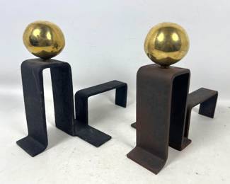 Lot 326 Pair French Style Black Iron Brass Ball Andirons. Modernist Fireplace Accessories. After a Royere de