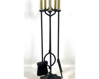Lot 119 5pc ADAMS CO Fireplace Tool Set. Polished Brass Handles on Black Iron Tools and Stand. Marked.