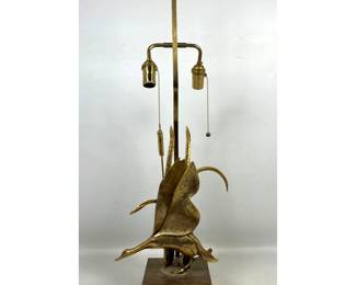 Lot 83 Lancio Sculptural Mixed Metal Table Lamp depicting a Flying Waterfowl and Cattails. Attributed to La