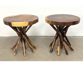 Lot 337 Pair of contemporary rustic organic wood side tables with thick slabs and stick bundle bases