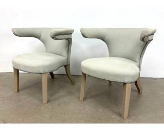 Lot 401 Pair of Upholstered Crescent Open Back Armchairs with Nail head Trim and Saber Legs