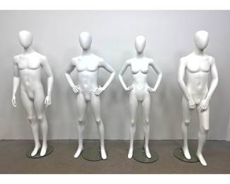 Lot 503 4pc Group of Matte White Full Body Egghead Mannequins with Circular Glass Bases and Chrome Calf Stan