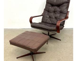 Lot 277 2pc Scanior Design Danish Modern Brown Leather Swivel Lounge Chair and Matching Ottoman with Bentwoo