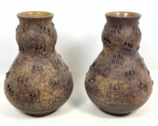 Lot 55 Pair of MidCentury Modern Italian Ceramic Vases Volcanic Glaze Double Gourd Form marked Italy. Prob