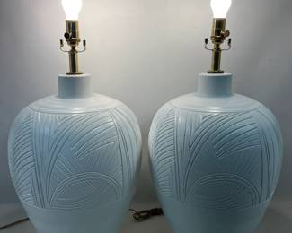 Lot 633 Pr CASUAL LAMPS White Urn Table Lamps. Incised Relief Relief Pattern. Marked 1987.