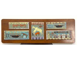 Lot 94 Harris G. Strong 5pc Ceramic Tile Wall Relief Mounted on Walnut Board