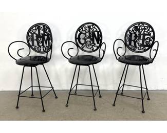 Lot 447 3pc Set SHAVER HOWARD Black Metal Swivel Bar Stools. Gin, Rum and Rye Liquor Themed Backs. Bla