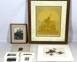 Lot 162 Group of 10 Artworks featuring 9 original prints and one mixed media work. The primary piece is a la